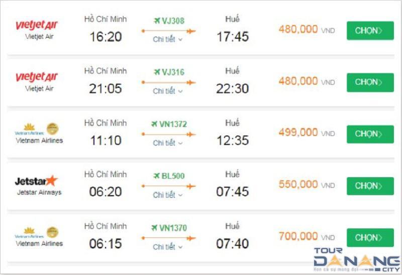 Giá vé máy bay Sài Gòn Huế tham khảo