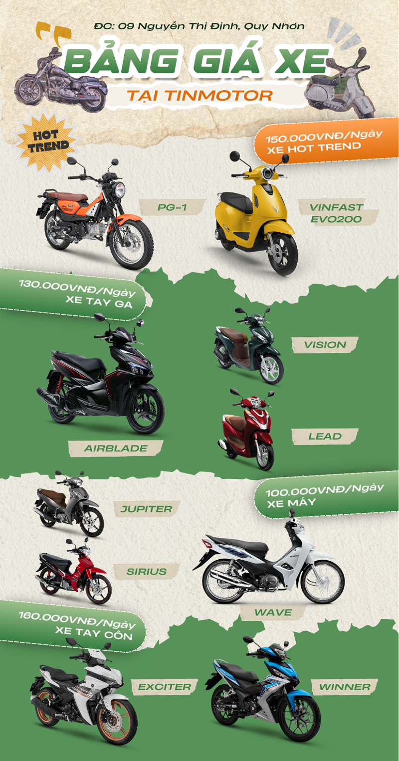 Bảng giá cho thuê xe máy tại Quy Nhơn